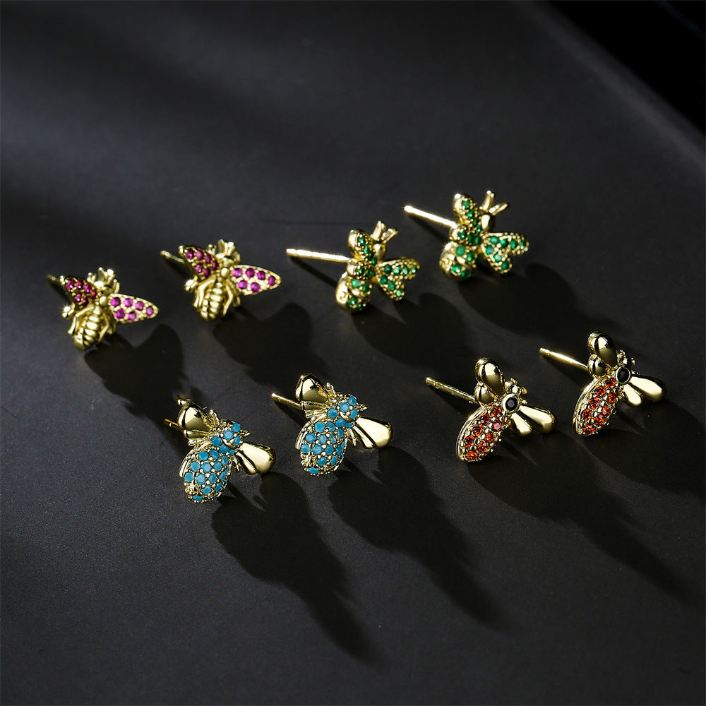 Geometric Insect Design Copper Earrings with Real Gold Plating and Zirconia Accents for Women