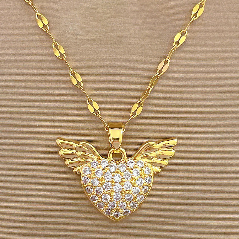 Minimalist Heart and Angel Wing Pendant Necklace in Stainless Steel with Moon Motif for Women and Men