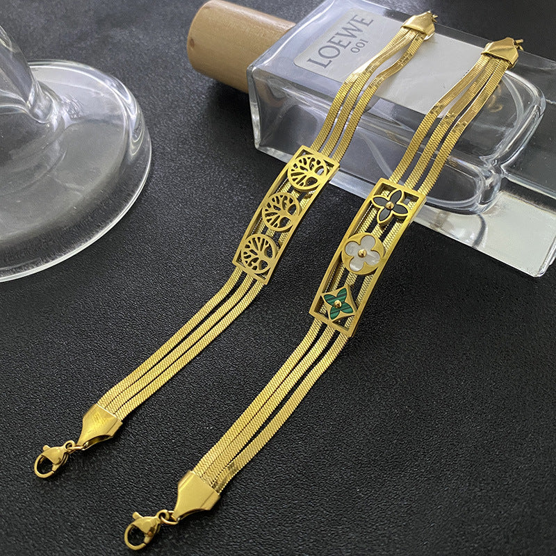Gold Plated Titanium Steel Four-Leaf Clover Tree of Life Bracelet Floral Design Unisex