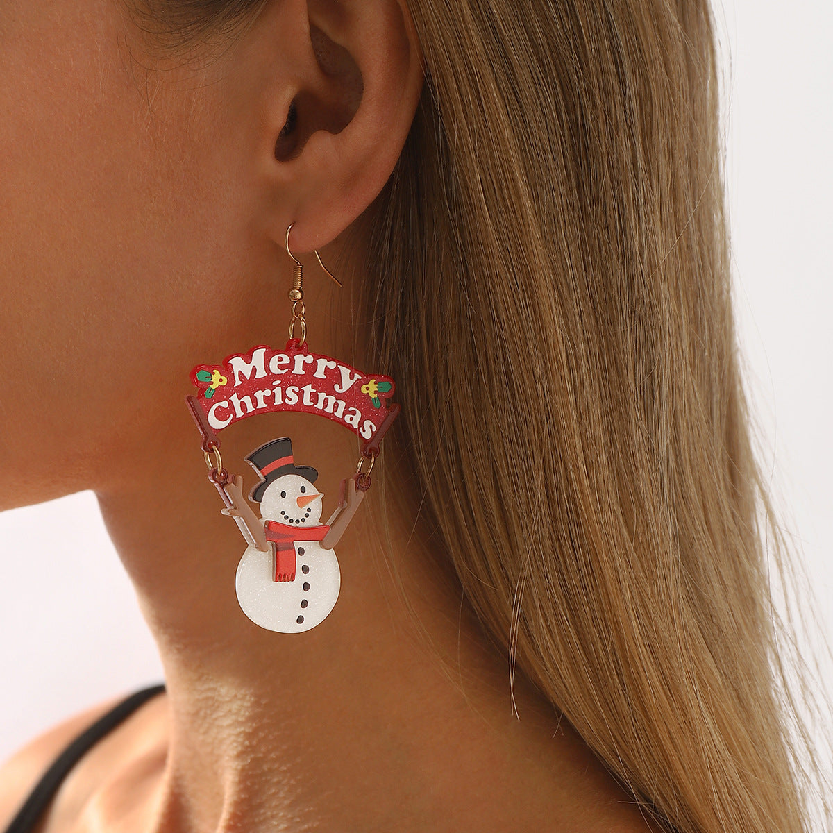 Pendientes de botón de acetato con personajes de dibujos animados navideños para mujer con postes de acero inoxidable y diseño estampado festivo de vacaciones