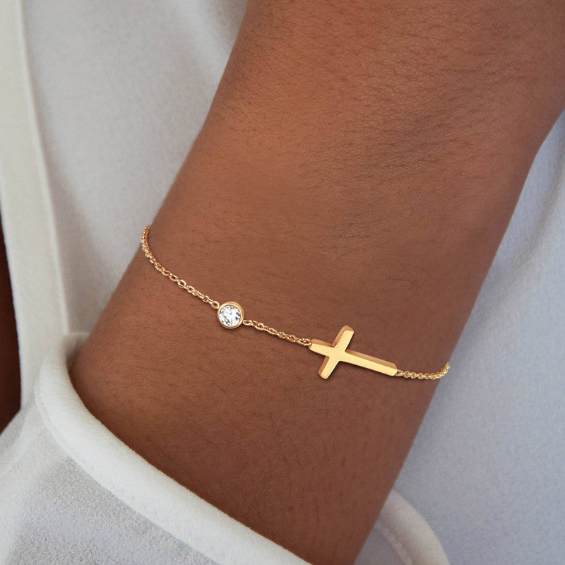 Minimalist Elegant Gold Plated Stainless Steel Cross Geometric Bracelet with Cubic Zirconia for Women