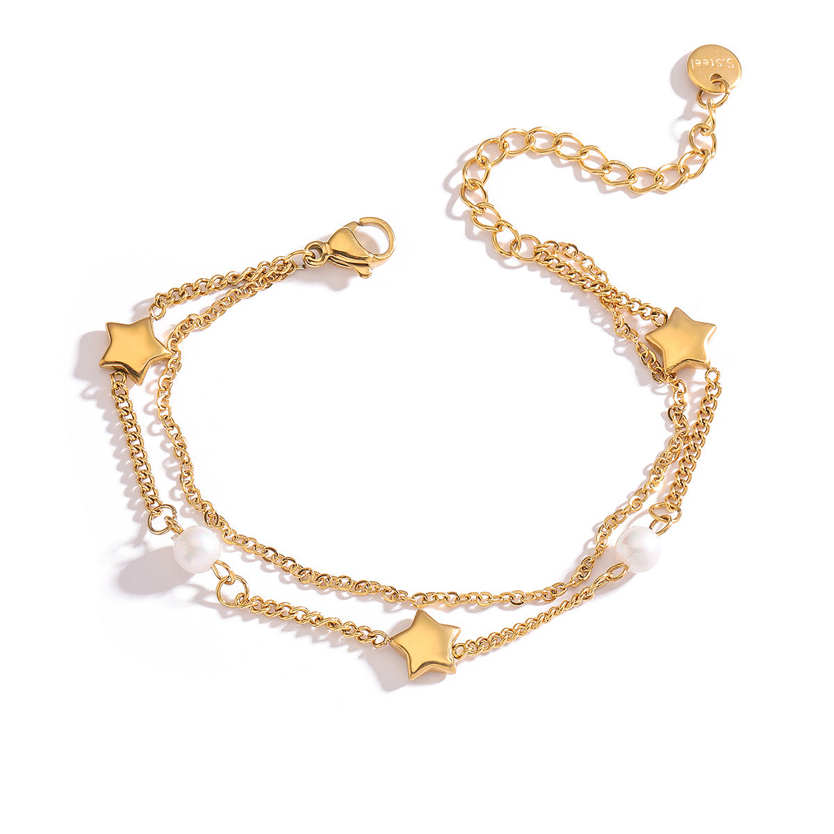 Bracciale Geometrico Minimalista a Doppio Strato in Acciaio al Titanio con Ciondoli a Cuore e Stella Placcati Oro da Donna