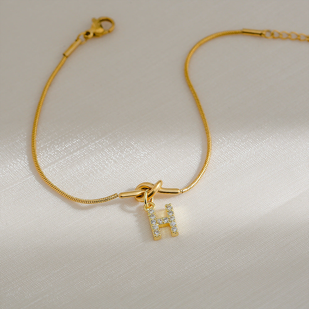 18K Gold Plated Stainless Steel Letter Heart Knot Charm Bar Bracelet for Women