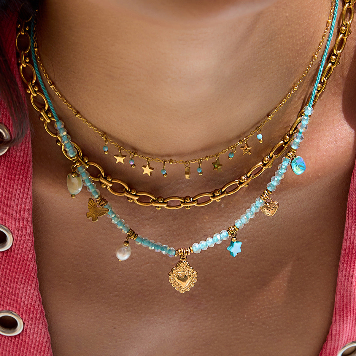 Collana Minimalista Geometrica da Donna in Acciaio al Titanio con Perle e Finitura Placcata, Stile Medaglione, Catenina per Clavicola