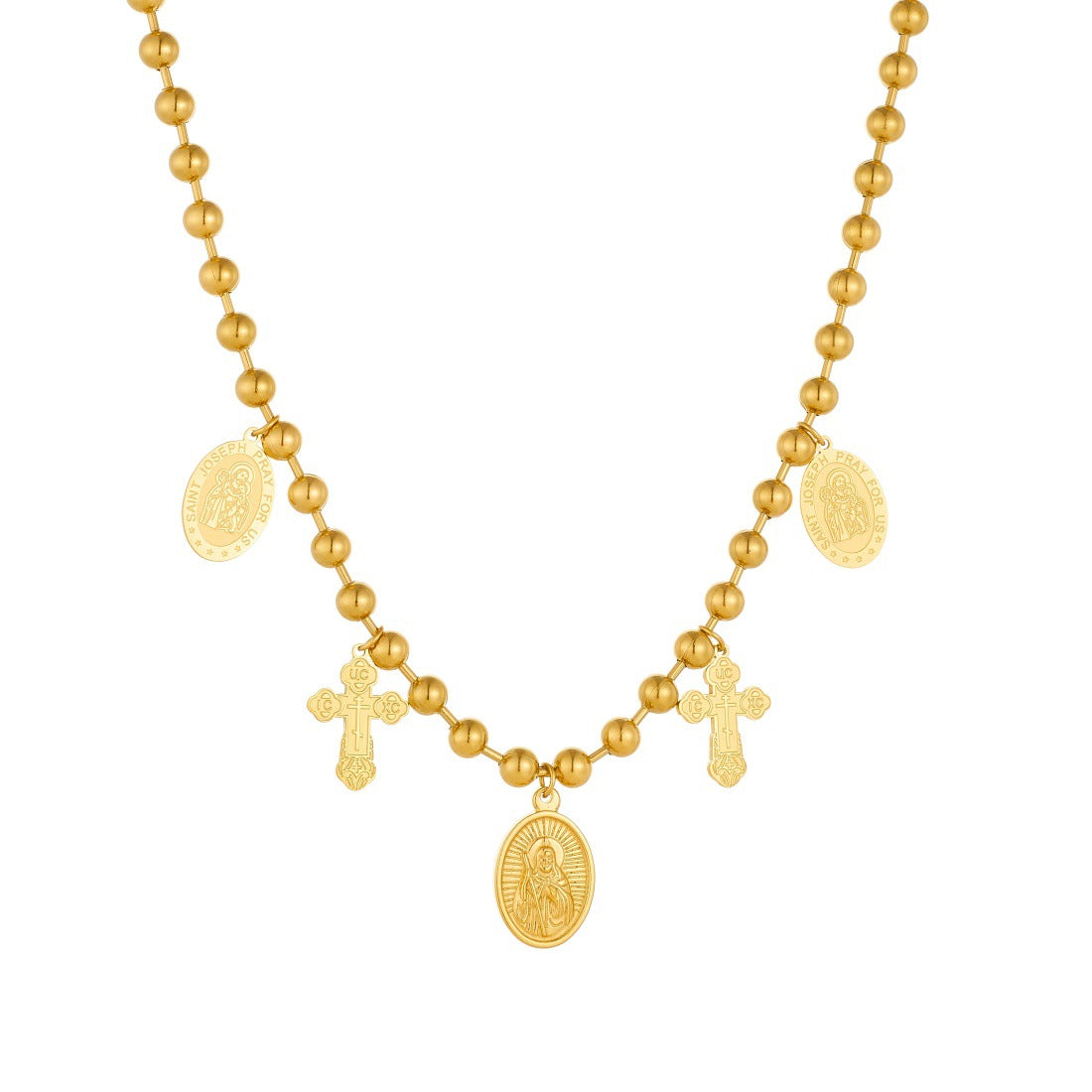 Vintage Gold Plated Stainless Steel Oval Cross Portrait Pendant Ball Chain Necklace