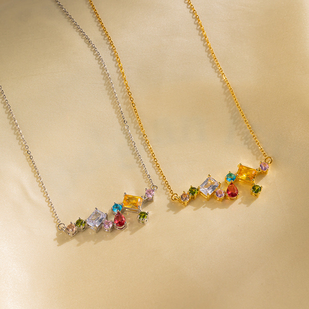 Minimalist Geometric Titanium Steel Necklace with Rhinestone Inlay for Women, Candy-Colored Shimmering Clavicle Chain