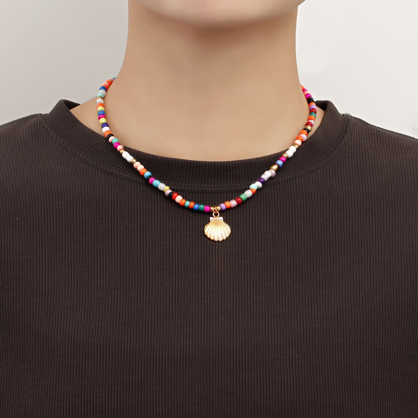 Bohemian Style Large Beaded Necklace with Shell Pendant for Women, Alloy Chain with Plated Finish, Geometric Design Collar Necklace