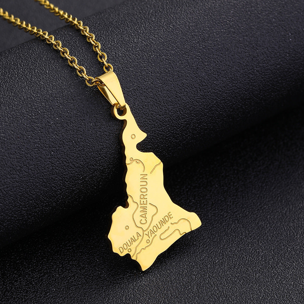Collar con Colgante de Mapa de Camerún Geométrico de Estilo Étnico en Acero Inoxidable con Acabado Esmaltado para Uso Unisex