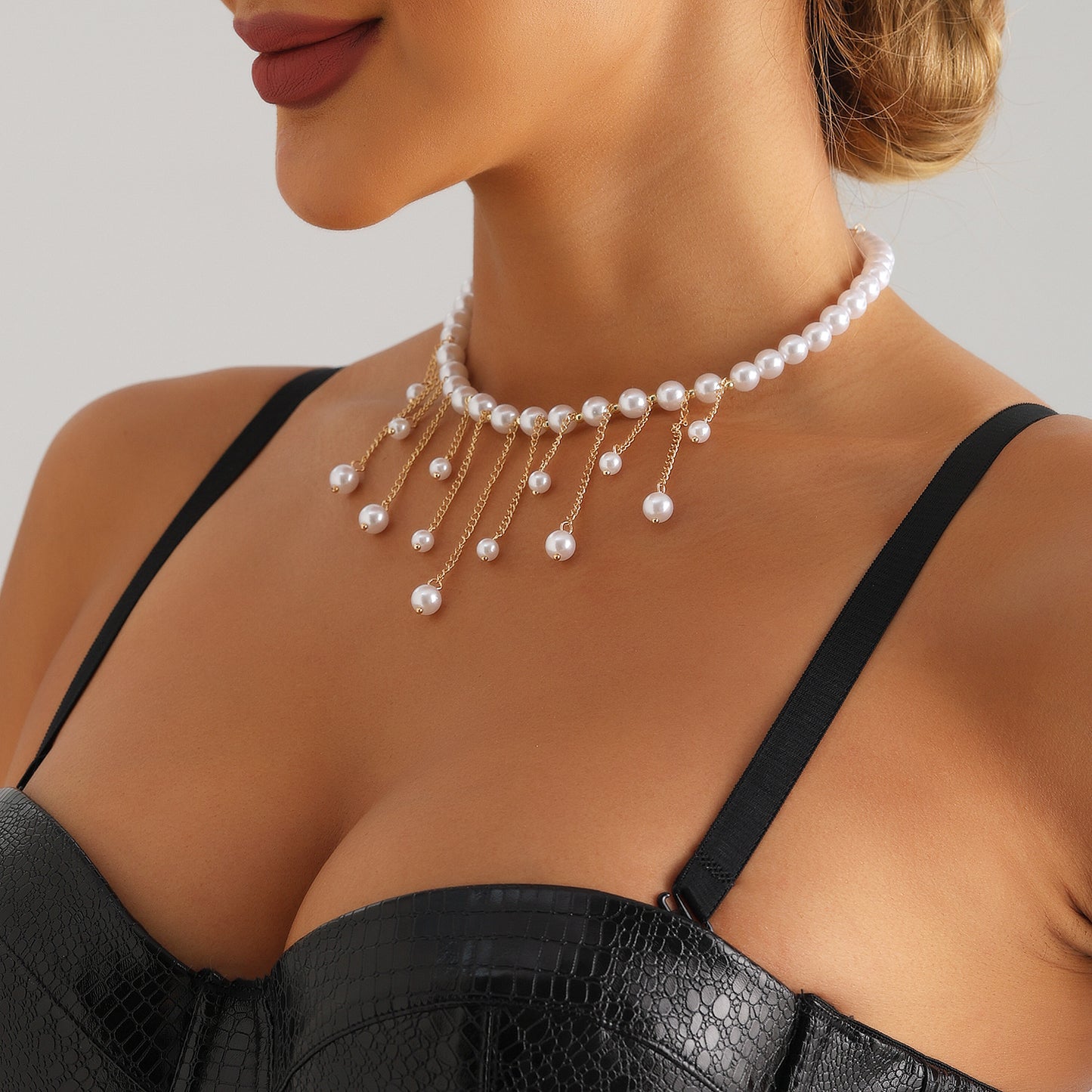 Elegant Handmade Beaded Long Pendant Necklace with Tassel Chain for Women Alloy Geometric Design Electroplated Finish