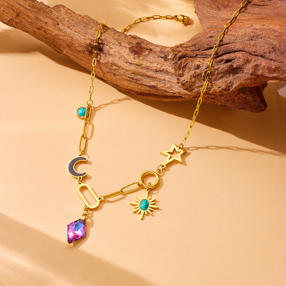 Elegant Purple Diamond-Cut Eight-Pointed Star and Moon Teardrop Pendant Plated Stainless Steel Necklace for Women