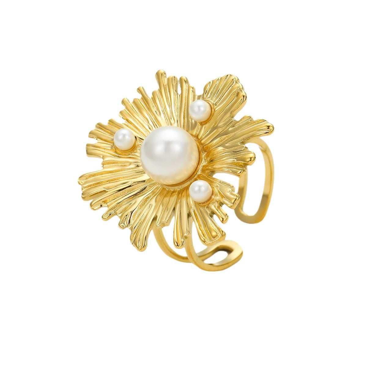 Elegante anillo de acero inoxidable con forma irregular de pétalo e incrustaciones de perlas para mujer, con lujoso acabado texturizado y diseño geométrico