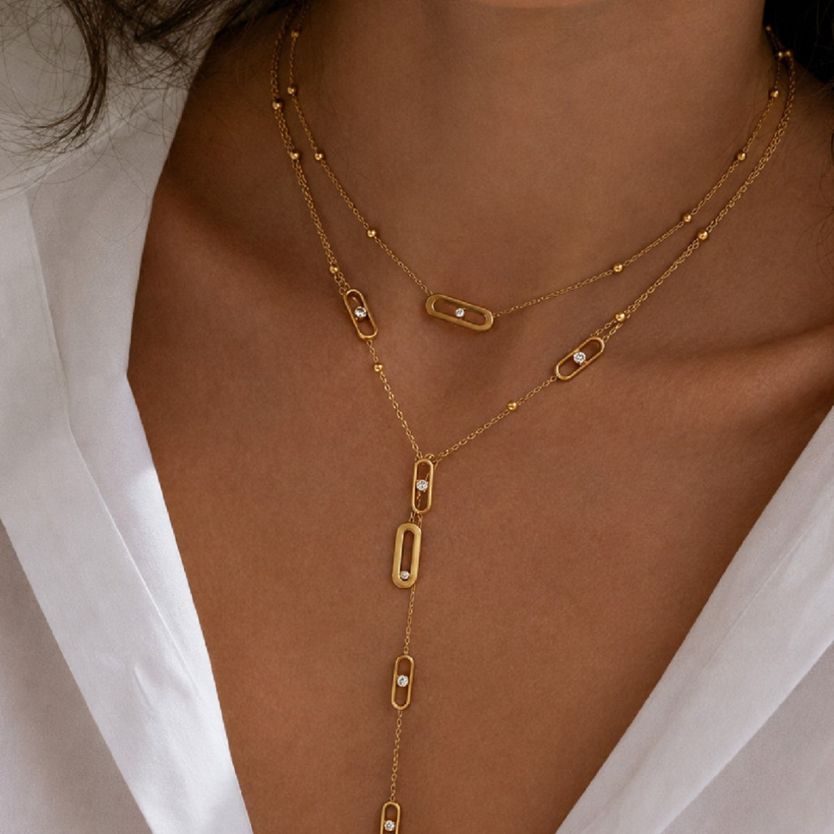 Luxury Elegant Geometric Round Pin Stainless Steel PVD Plated Layered Necklace for Women