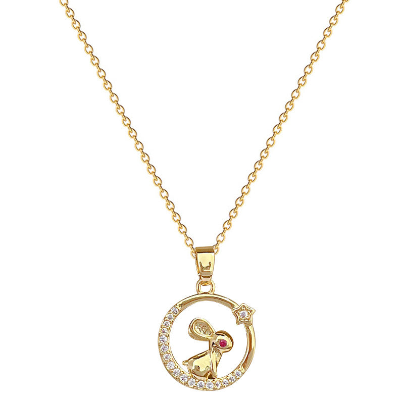 Minimalist Round Hoop Red-Eye Rabbit Pendant Necklace for Women in Titanium Steel with Full Rhinestone Accents and Delicate Clavicle Chain