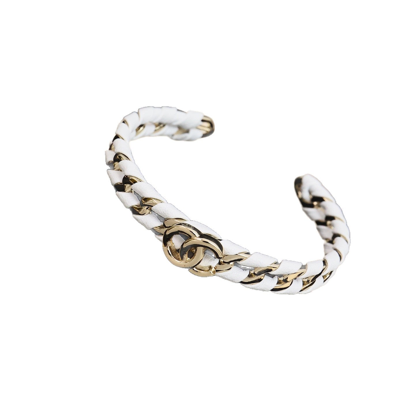 Bracciale rigido aperto da donna in pelle con catena a maglie cubane in ottone placcato oro di lusso con design a lettera