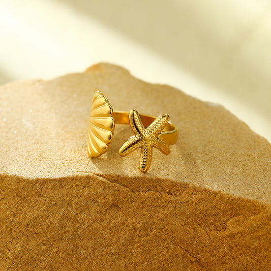 Anello regolabile da donna in acciaio inossidabile placcato, a forma di conchiglia e stella marina, stile vacanza