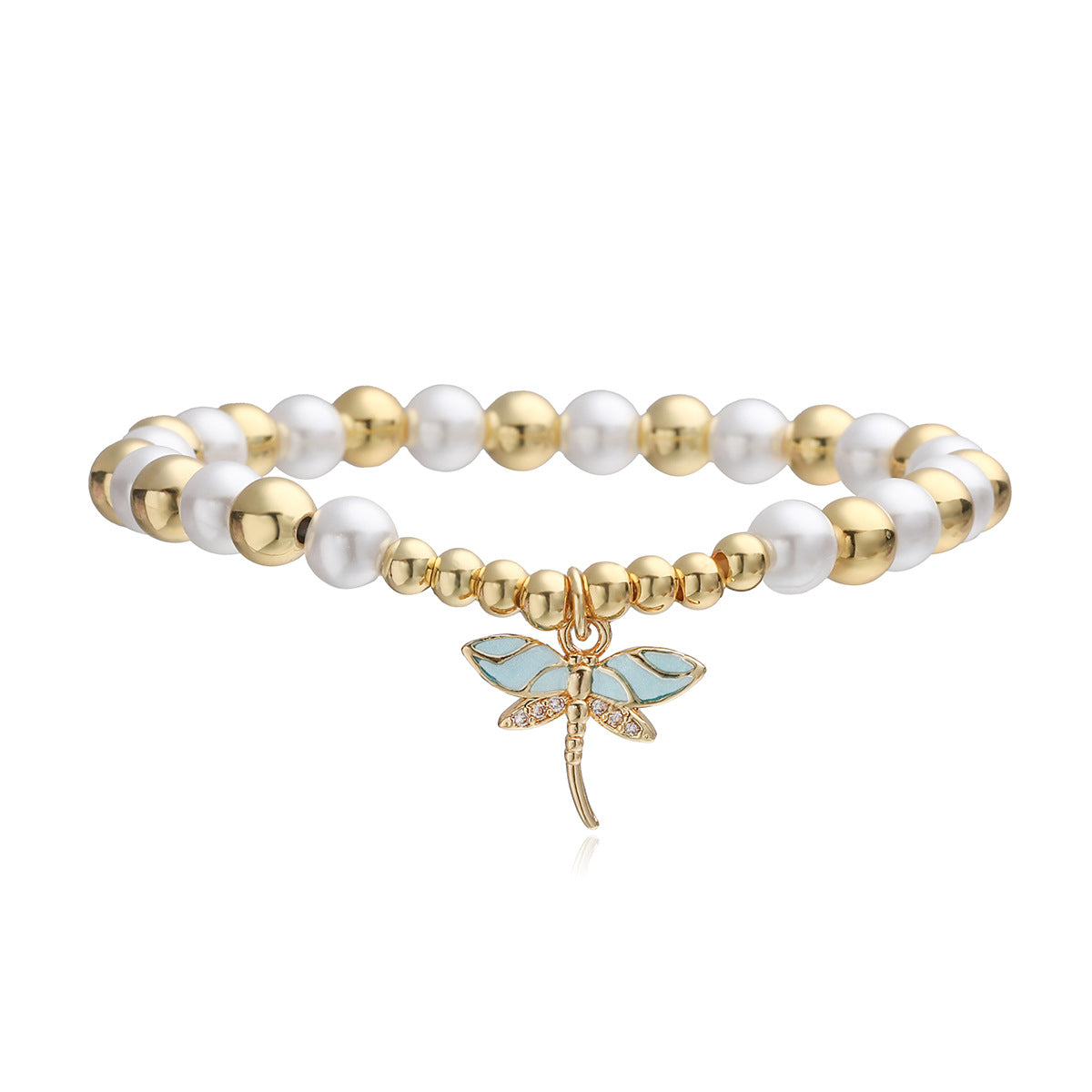 Elegant 18K Gold Plated Brass Geometric Dragonfly Pendant Bracelet with Cubic Zirconia Pearl and Drip Oil for Women