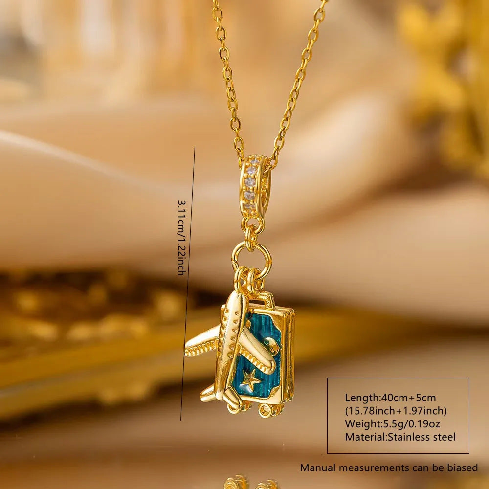 Collana Pendente da Donna a Goccia in Acciaio Inossidabile Placcato Olio, con Design Geometrico, Aeroplano e Mappamondo