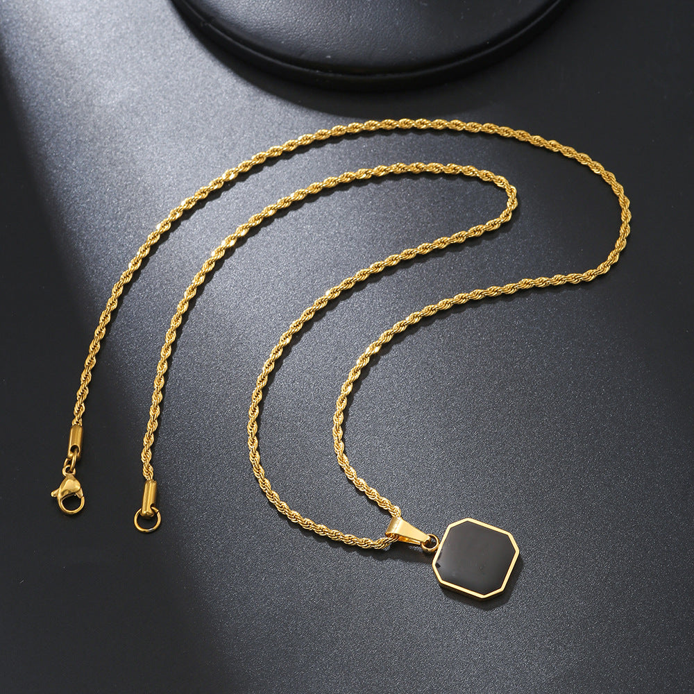 Hip-hop Black Square Drip Oil Stainless Steel Pendant Necklace with Curb Chain for Unisex