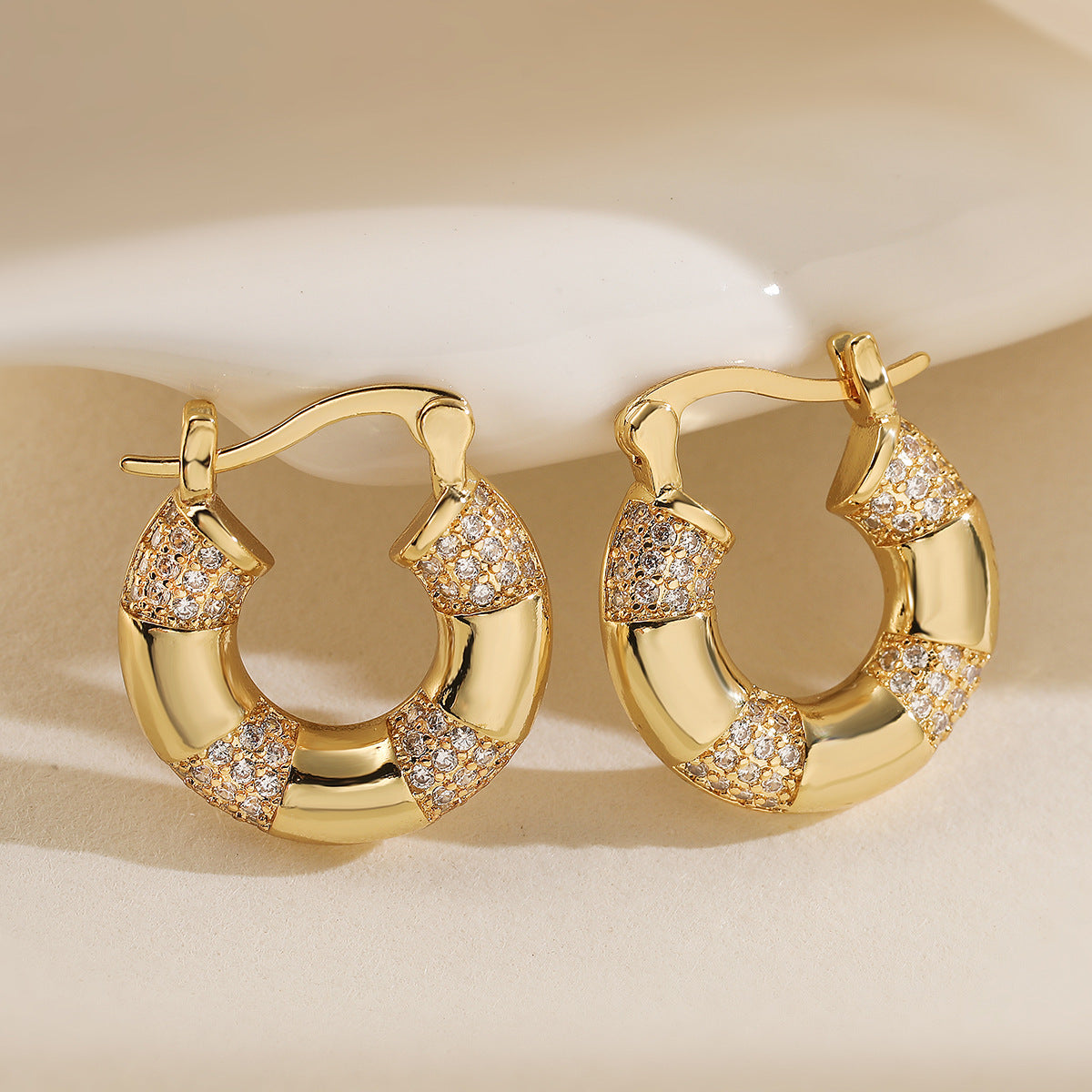 Vintage Elegant Geometric Brass Gold Plated Cubic Zirconia Hoop Earrings for Women