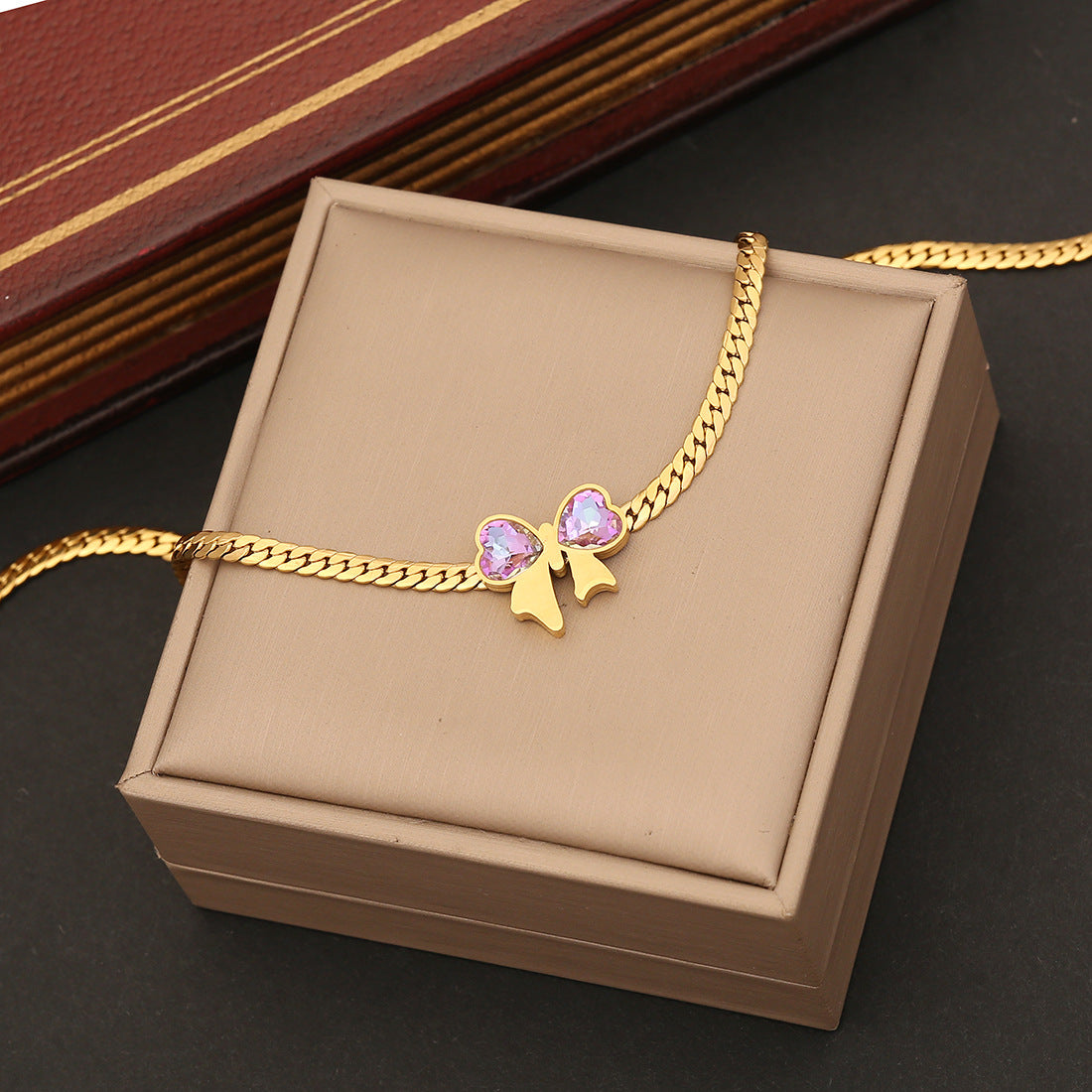 Fashionable Bowknot Pendant Necklace Set in Stainless Steel with Plated Finish for Women, Flat Snake Chain Locket Style