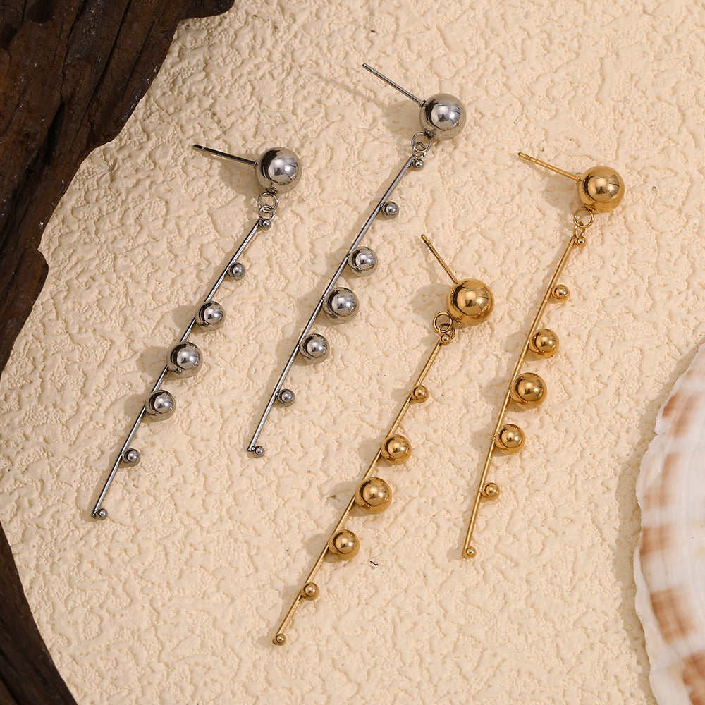 Fashionable Geometric Stainless Steel Earrings with 18K Gold Plating, Beaded Tassel Studs for Women