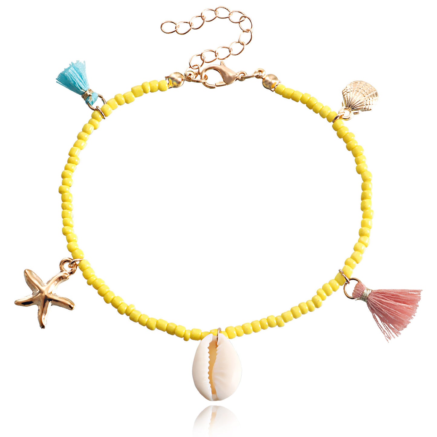 Bohemian-Style Geometric Alloy Anklet with Colorful Seed Beads and Tassel for Women Beach Shell Starfish Design