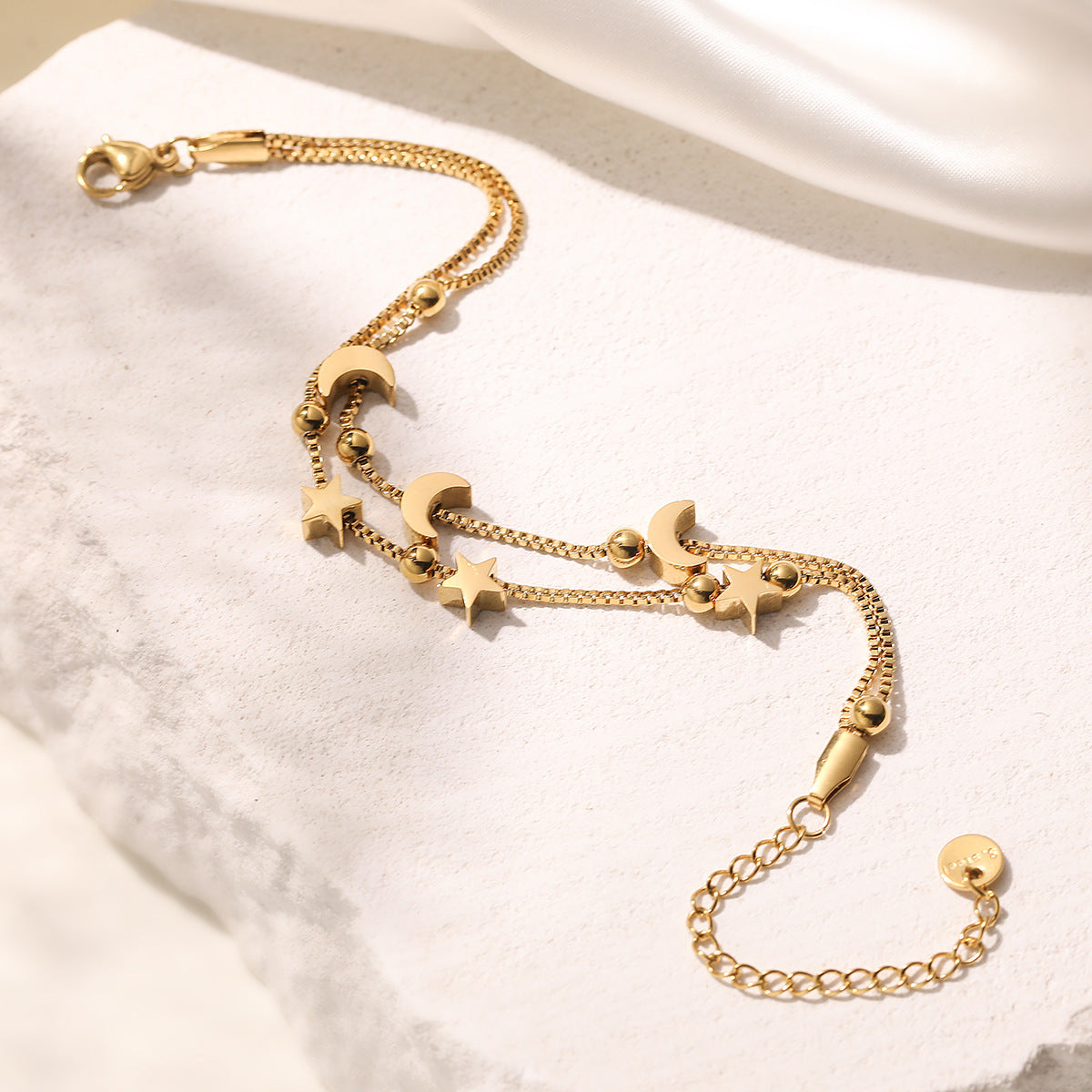Minimalist 18K Gold Plated Star Moon Geometric Stainless Steel Double Layer Bracelet for Women