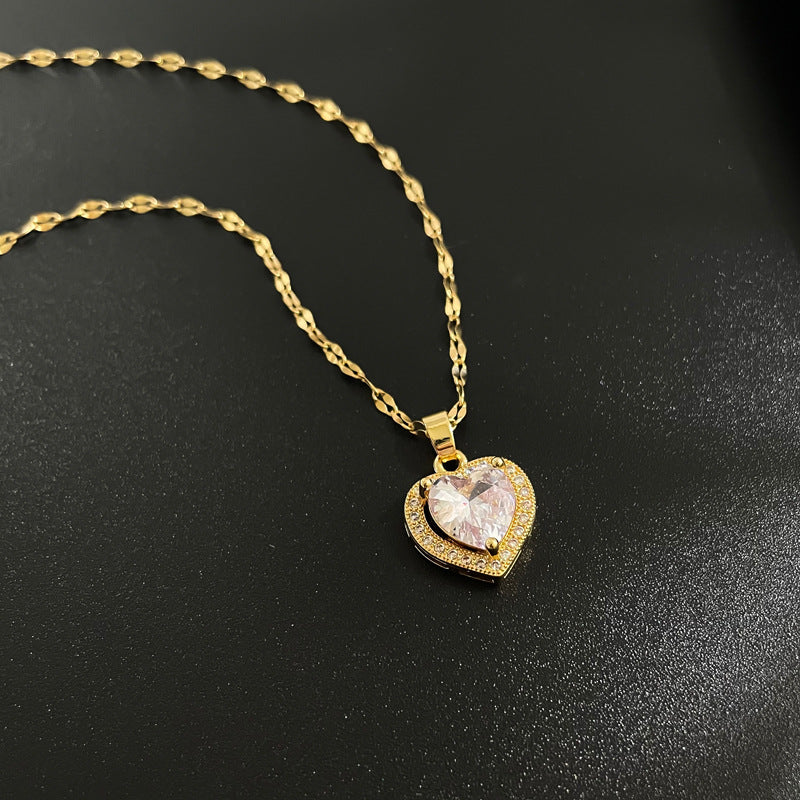 Minimalist Titanium Steel Heart Pendant Necklace with Rhinestone Inlay for Women and Men, Adjustable Clavicle Chain Birthday Gift