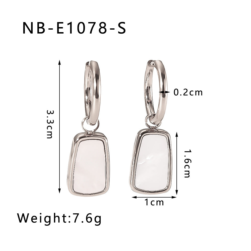 Minimalist Geometric Heart-Shaped Natural White Abalone Pendant Earrings in Stainless Steel with 18K Vacuum Plating