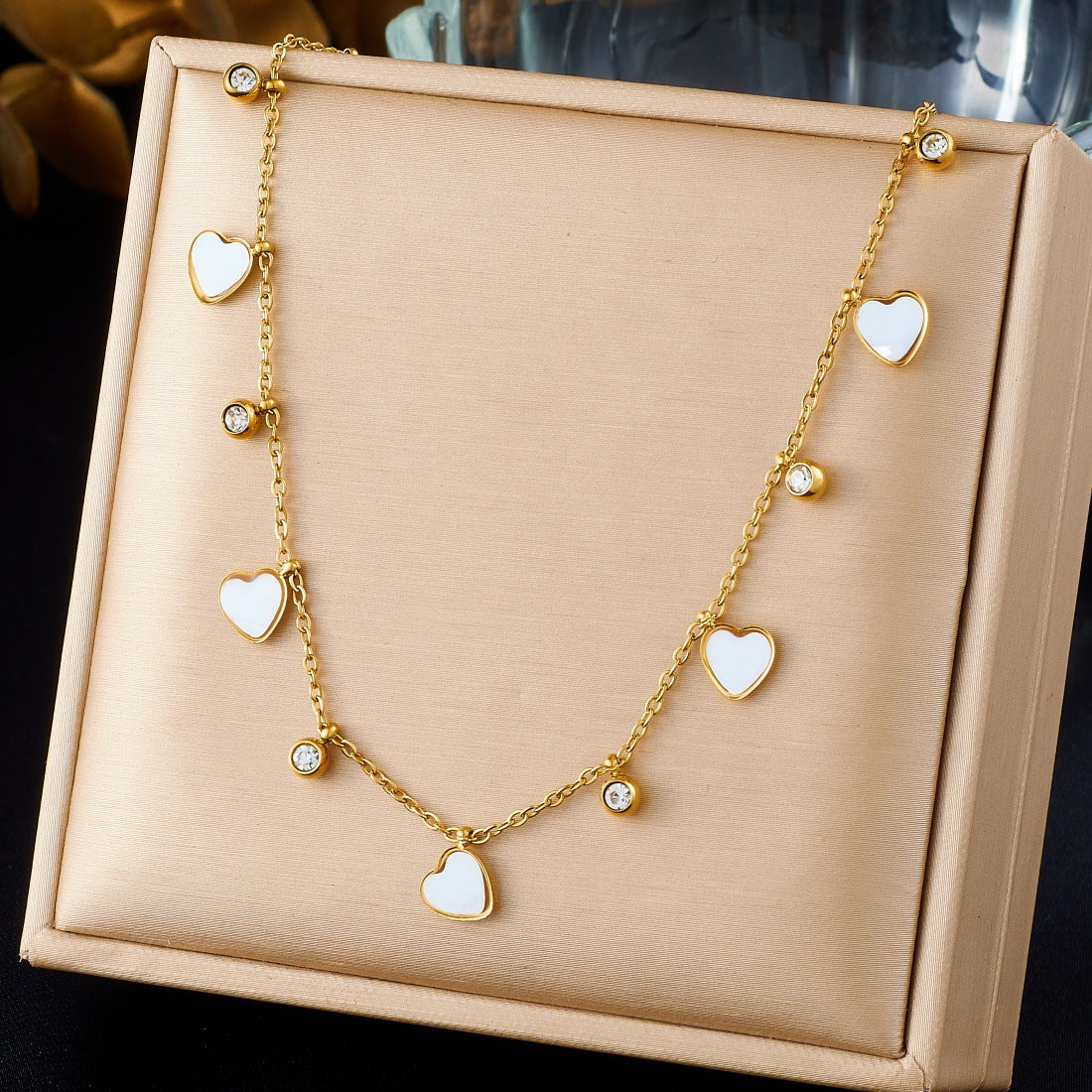 Minimalist Gold Plated Heart Rhinestone Inlay Stainless Steel Necklace for Women