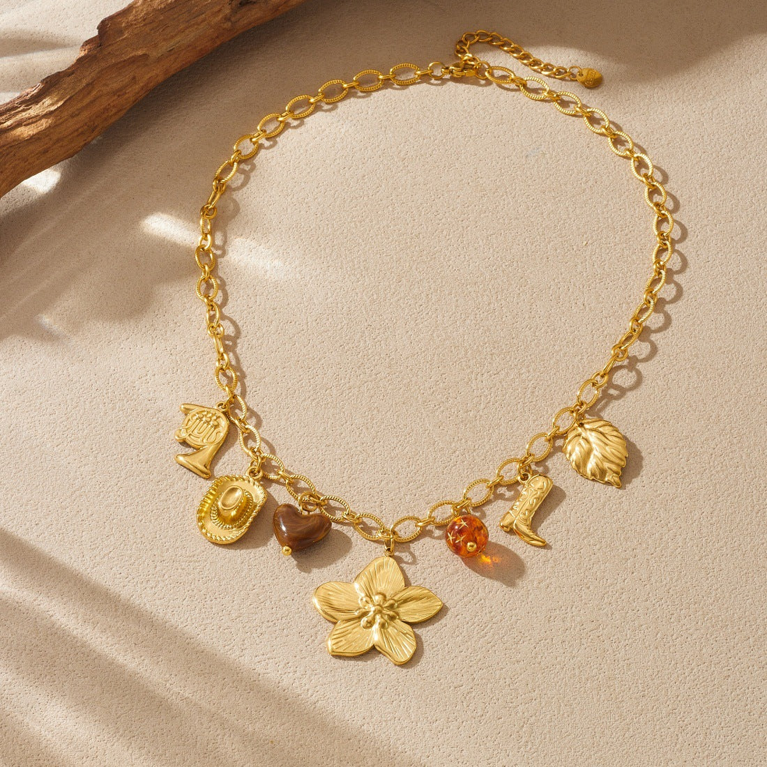 Vintage Gold Plated Stainless Steel Necklace with Acrylic Floral Heart Boot Hat and Musical Instrument Pendants Cable Chain for Women