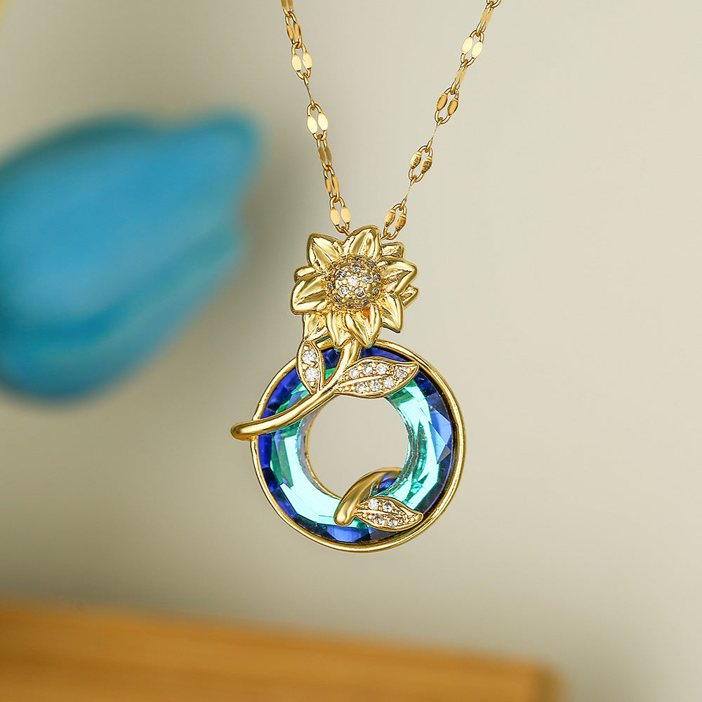Minimalist Geometric Sunflower Pendant Necklace for Women in Copper with Cubic Zirconia Accents