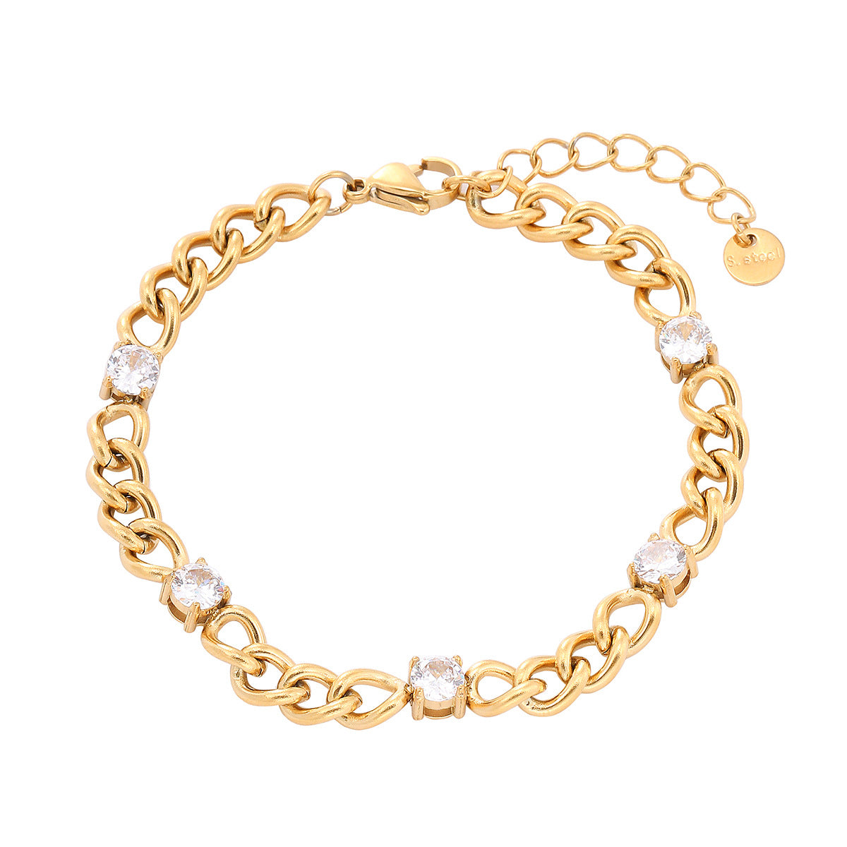 Fashionable Geometric Stainless Steel Bracelet for Women with 18K Gold Plating and Colorful Rhinestone Accents