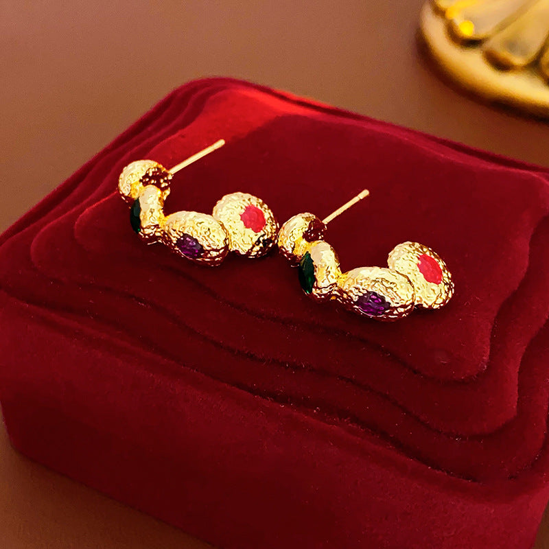 Vintage Geometric Enamel Stud Earrings for Women with Gold-Plated Alloy Base and Stainless Steel Posts
