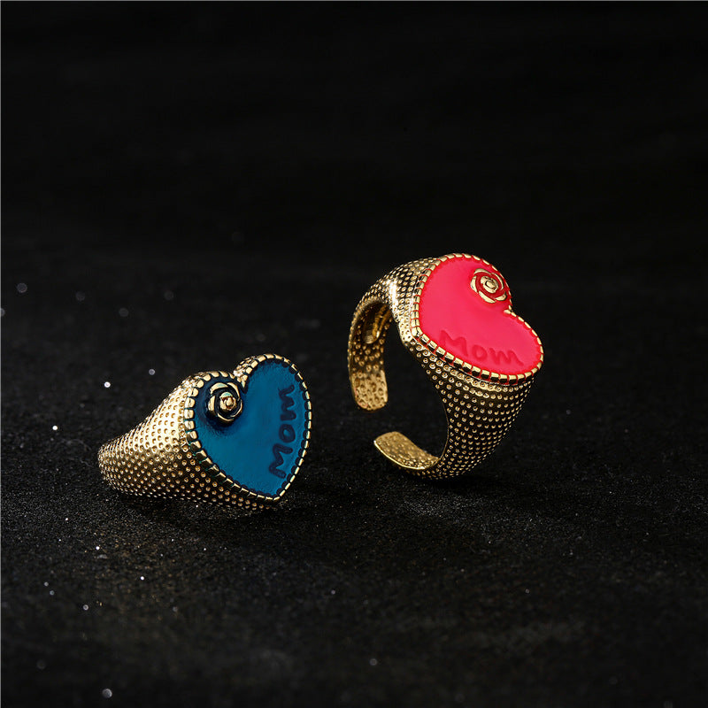 Vintage Bohemian Heart Geometric Drip Oil Brass Ring for Women Adjustable