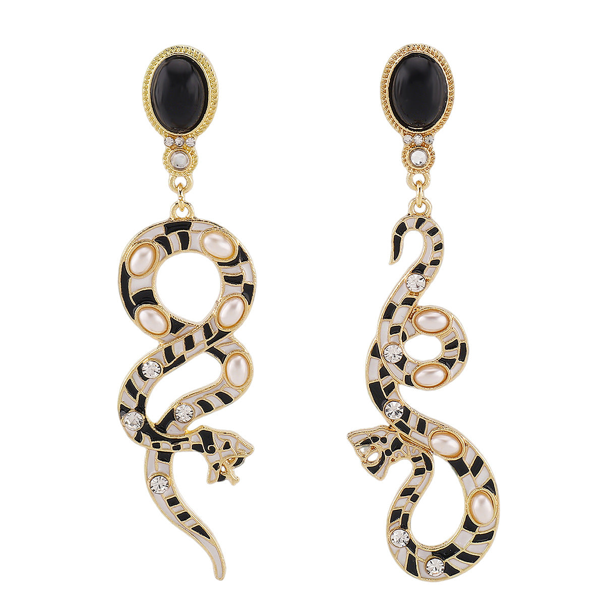 Orecchini a forma di serpente vintage in lega con finitura smaltata e accenti di strass e perle simulate per le donne