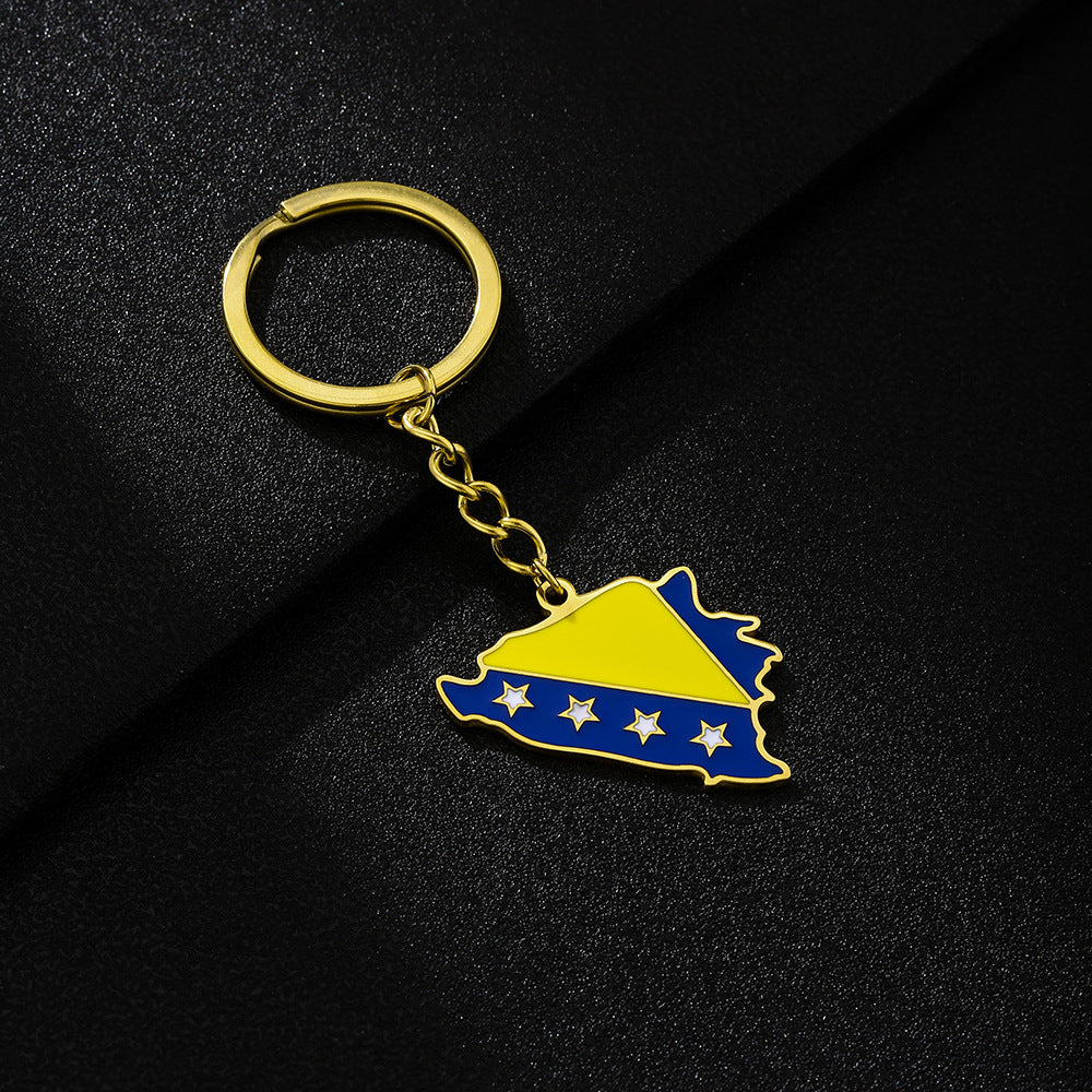 Llavero de Acero Inoxidable Esmaltado con la Bandera de Bosnia y Herzegovina con Forma de Mapa Geométrico