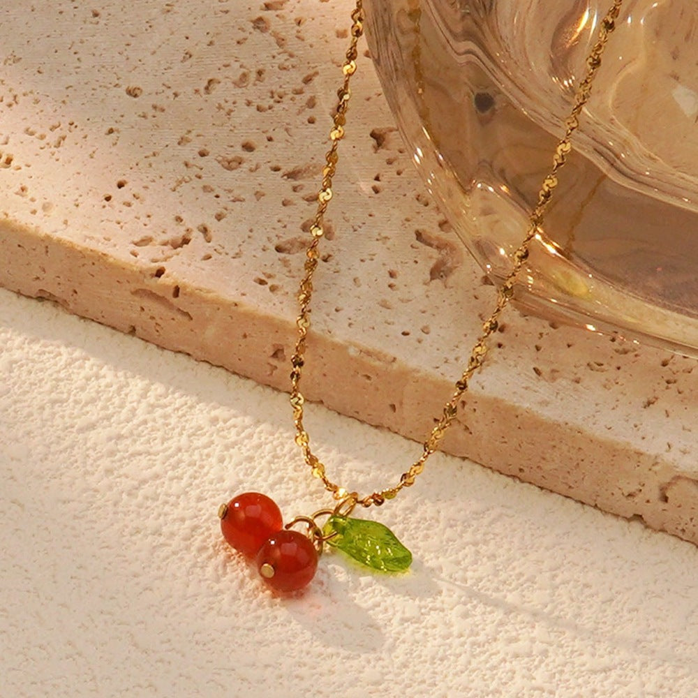 Sweet Cherry Titanium Steel Plated Necklace and Earring Set for Women