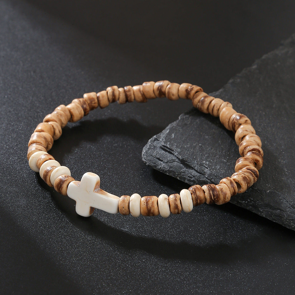 Vintage Geometric Skull Handmade Wood Turquoise Beaded Bracelet