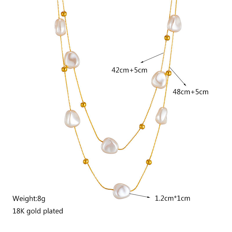 Collana Pendente Asimmetrica Geometria Stile Barocco Vintage in Acciaio al Titanio con Intarsio in Madreperla e Placcatura Oro