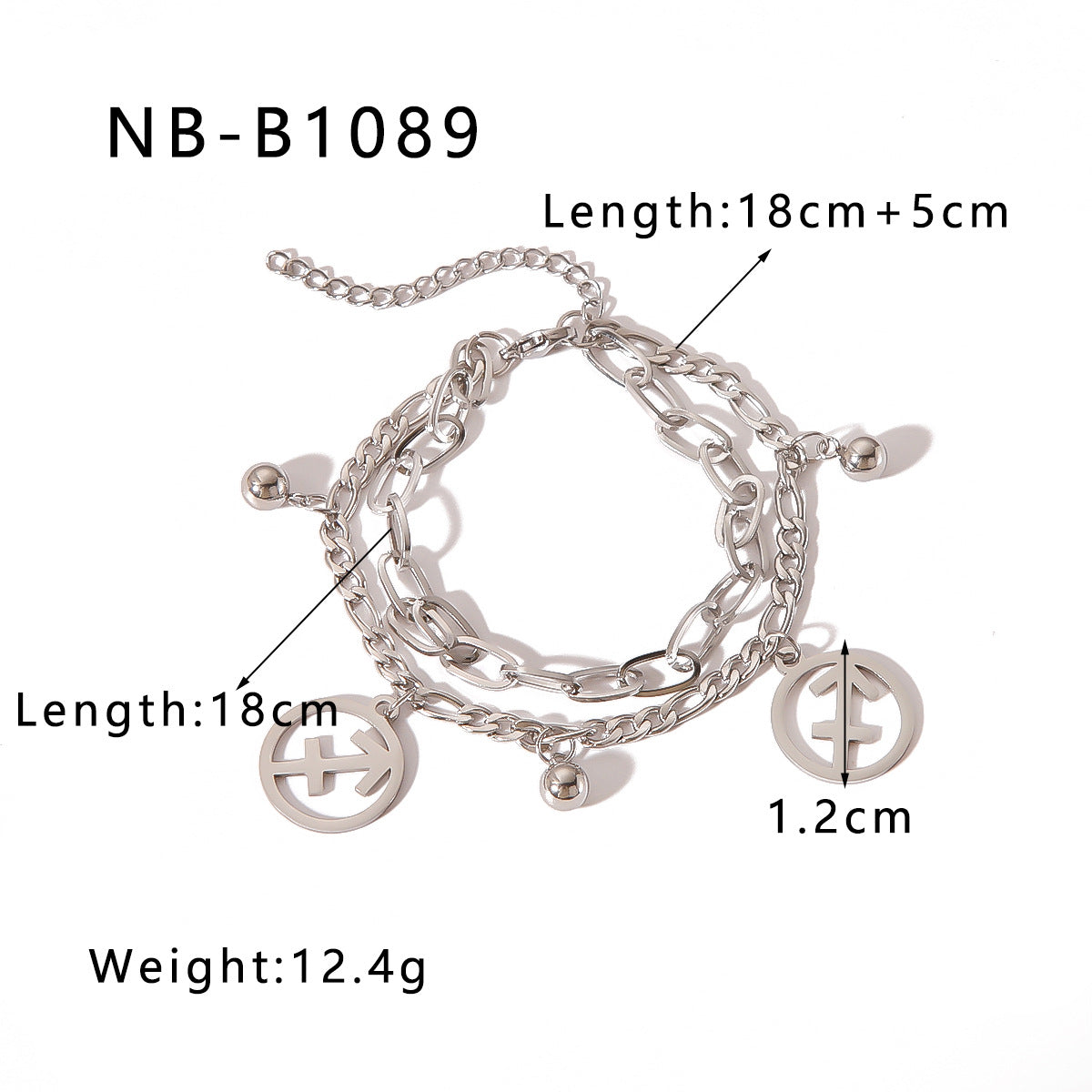 INS Style Zodiac Bracelet with Double Layer Cuban Link Chain Stainless Steel Pendant and 18K Vacuum Plated Finish