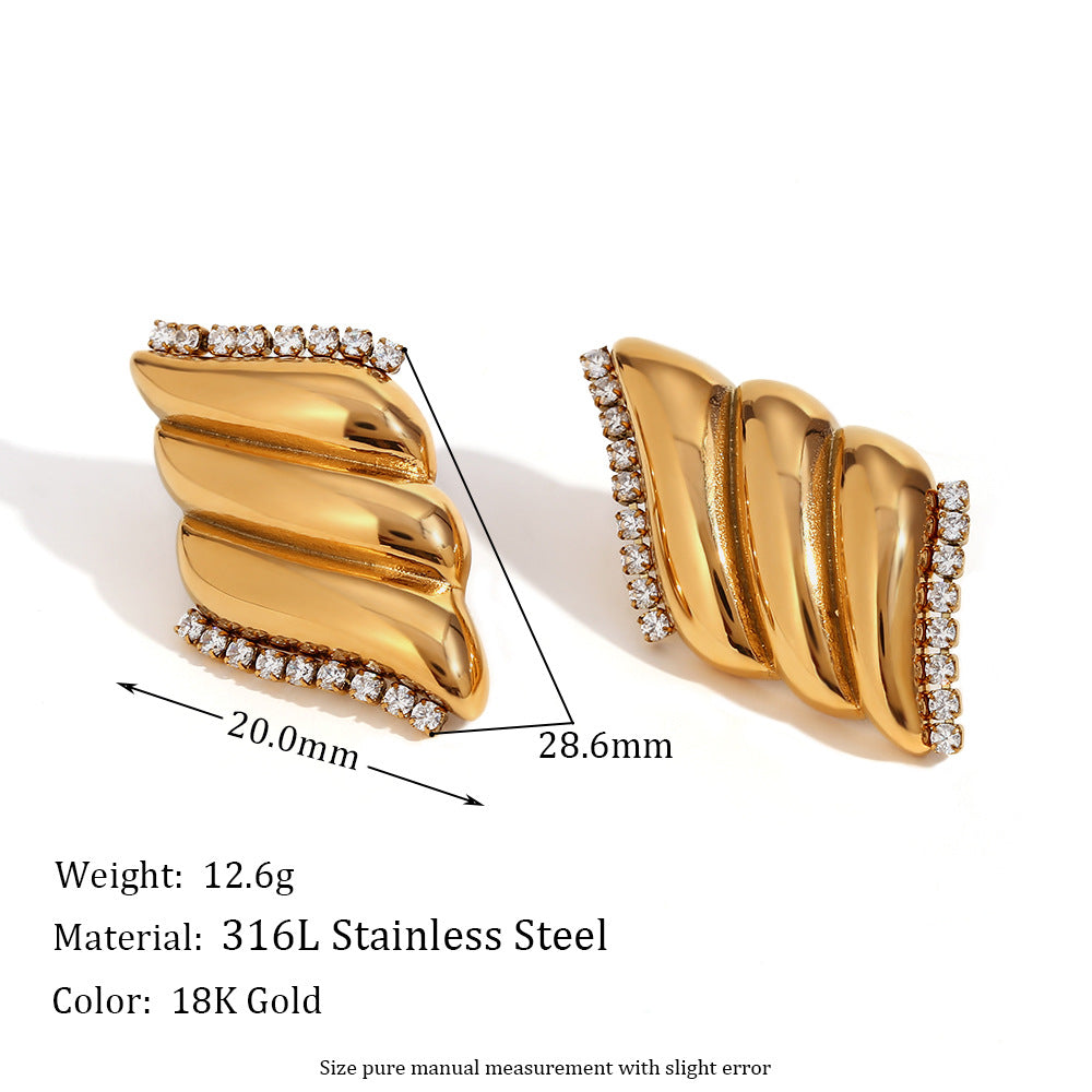 Vintage-Style Irregular Geometric Liquid Drop Earrings in Stainless Steel with 18K Gold Plating and Micro-Paved Zirconia