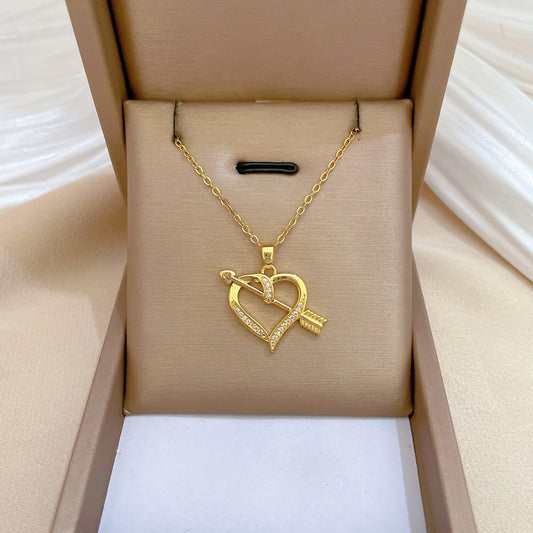 Minimalist Heart-Shaped Titanium Steel Necklace with Rhinestone Inlay for Women and Men, Delicate Clavicle Chain
