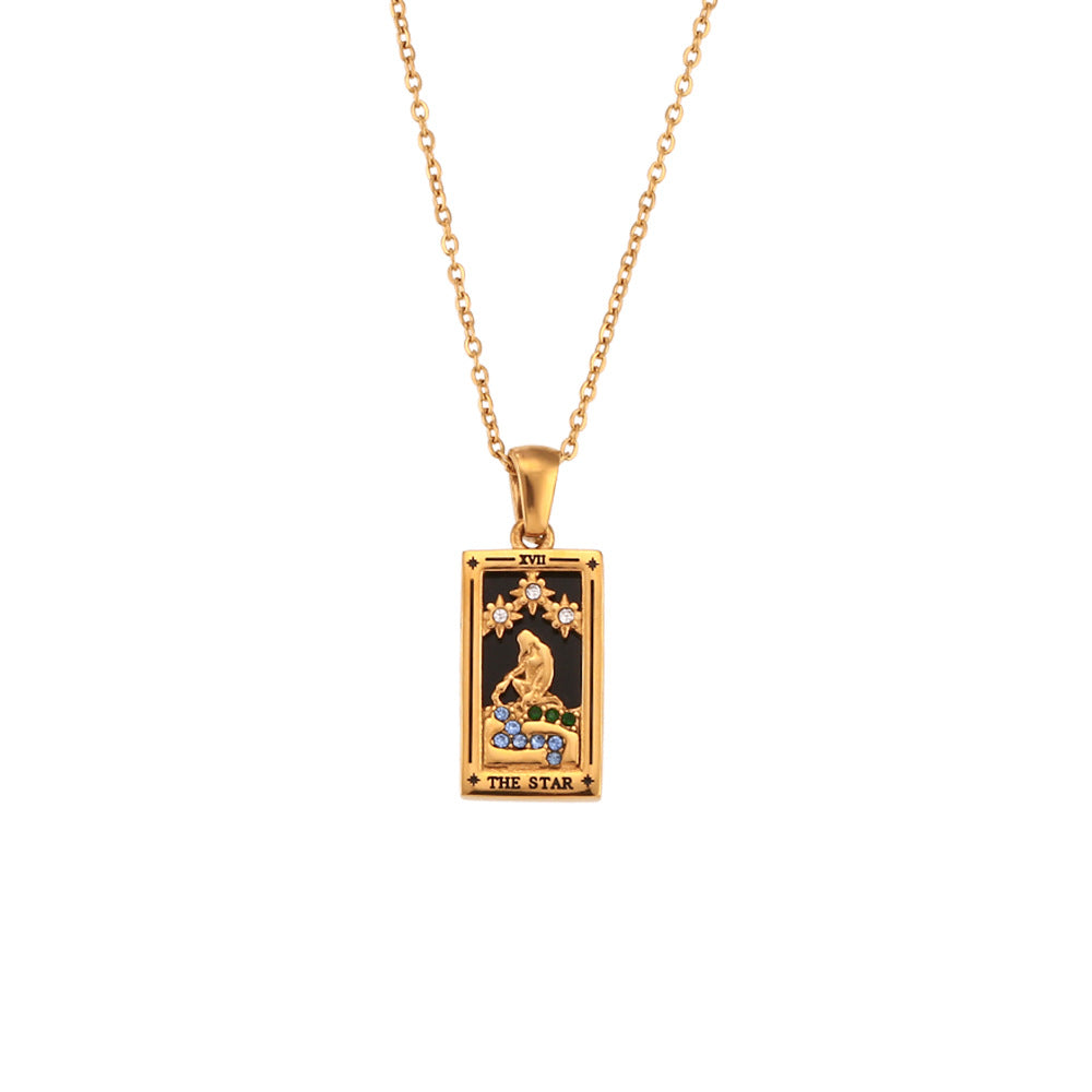 Fashionable Vintage Rectangular Titanium Steel Pendant Necklace with Enamel Finish and Zircon Inlay for Women