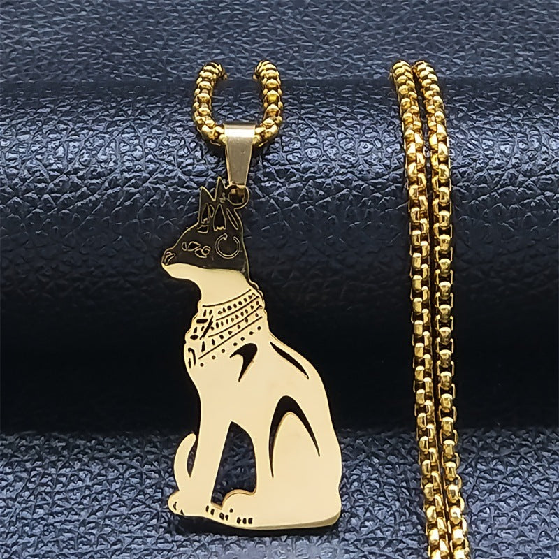 Vintage Egyptian Cat Goddess Pendant Necklace in Stainless Steel with Gold Plating, Animal-Themed Fashion Jewelry for Unisex