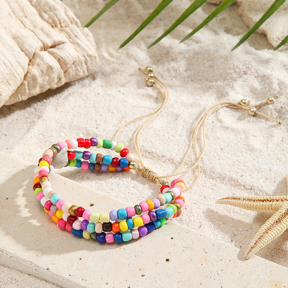 Bohemian Ethnic Vintage Handmade Geometric Round Glass Beads Multi-layer Bracelet for Unisex