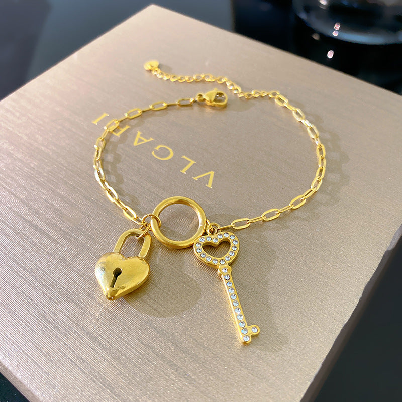 Sweet Minimalist Heart Key Lock Pendant with Cubic Zirconia and Star Elements Titanium Steel Bracelet for Unisex