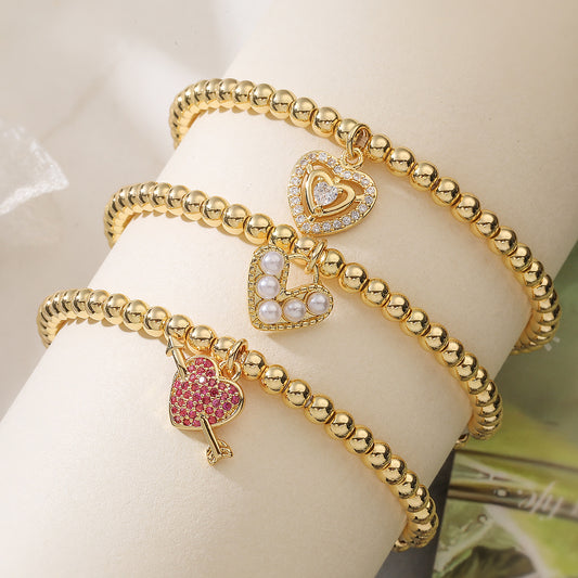 18K Gold Plated Brass Heart Geometric Cubic Zirconia Inlay Ball Chain Bracelet for Women