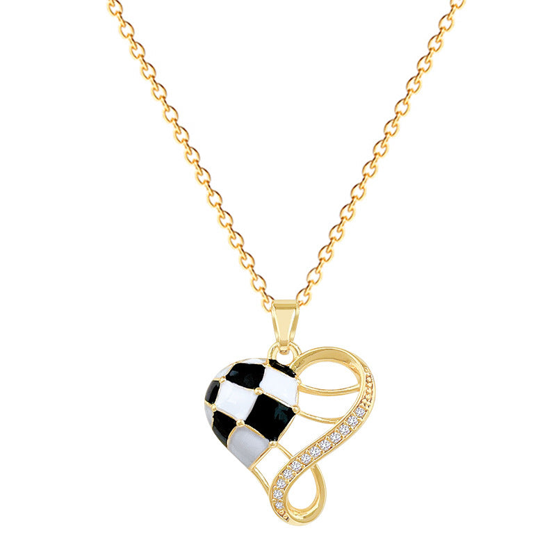 Sweet Elegant Geometric Checkered Rhinestone Pendant Necklace Titanium Steel Cable Chain for Unisex