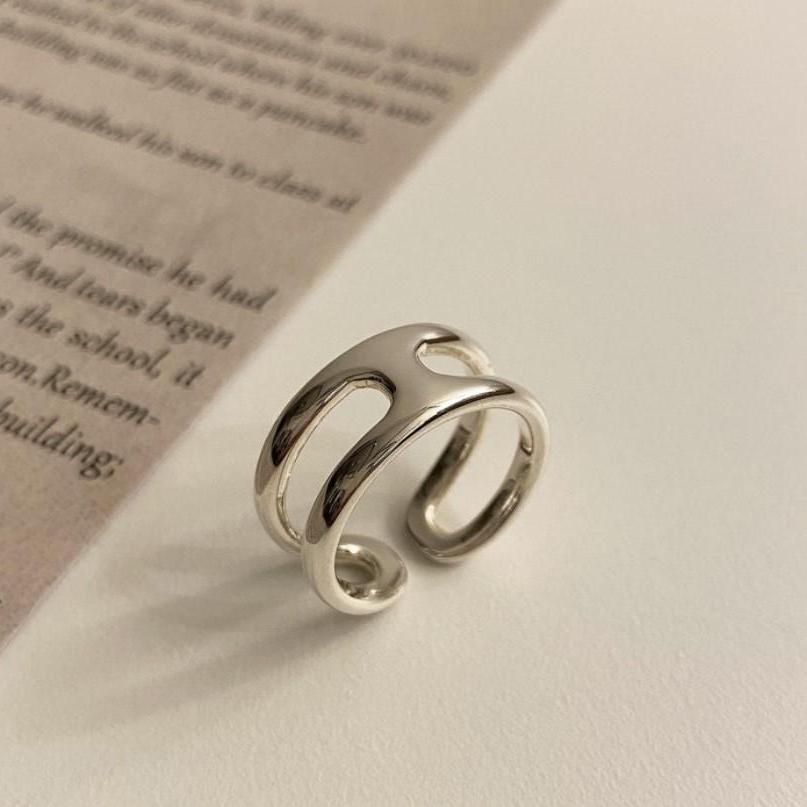Vintage Geometric Double-Layer H-Shaped Polished 925 Sterling Silver Ring